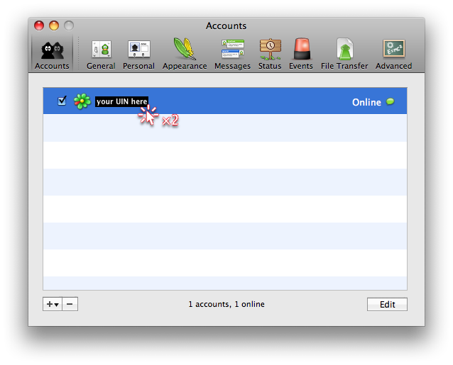 Screenshot of the Accounts pane of Adium's Preferences, showing to double-click on the ICQ account.