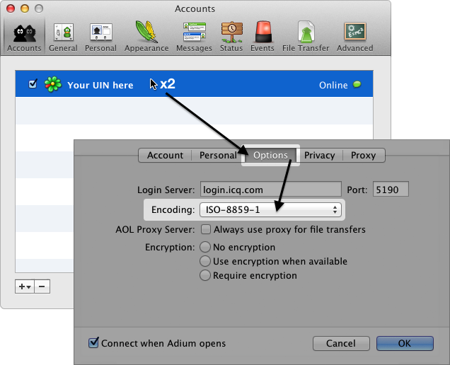 Screenshot illustrating to double click the ICQ account, select Options and then select the Encoding